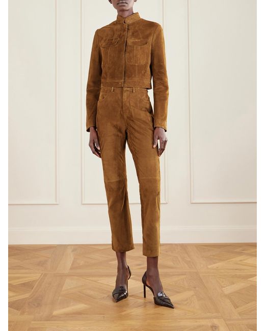 Tom Ford Brown Embellished Paneled Suede Straight-Leg Pants