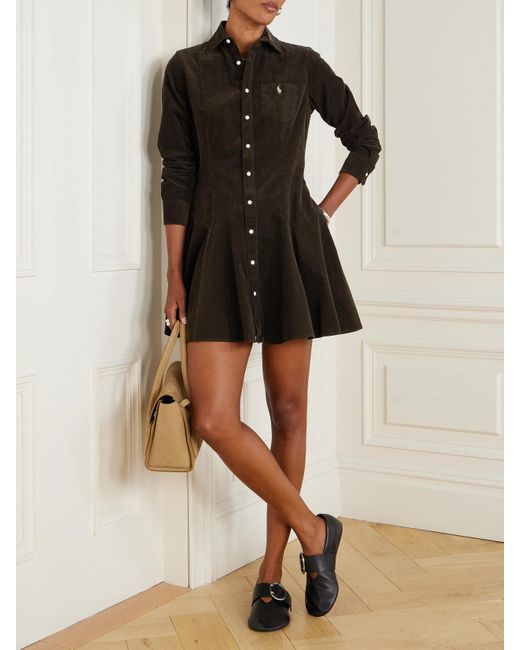 Polo Ralph Lauren Black Embroidered Cotton-Corduroy Mini Shirt Dress