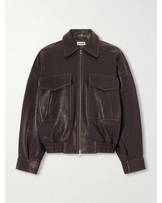 Staud Brown Eugene Oversized Textured-Leather Bomber Jacket