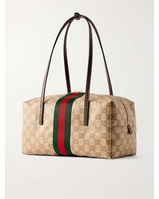 Gucci Natural Boston Leather-Trimmed Coated Canvas-Jacquard Shoulder Bag