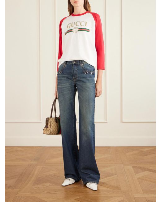 Gucci Blue Horsebit-Embellished Mid-Rise Wide-Leg Jeans