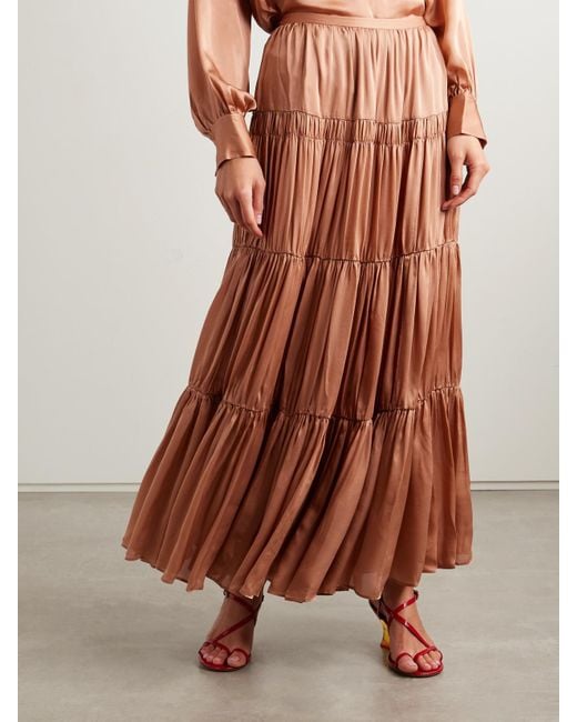 Ulla Johnson Brown Gaelle Tiered Gathered Silk Maxi Skirt