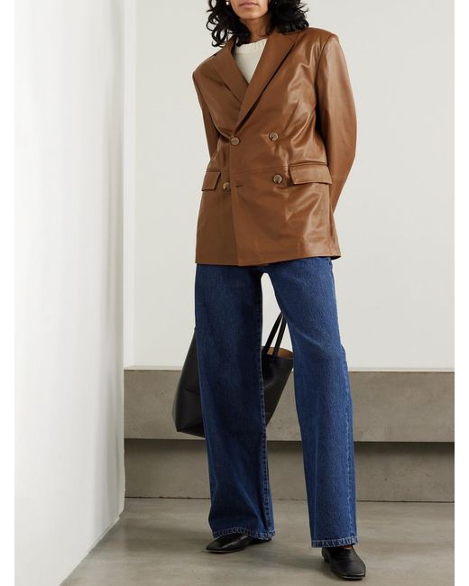 Loulou de Saison Brown Net Sustain Davao Double-Breasted Leather Blazer