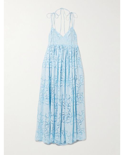 Erdem Blue Gathered Broderie Anglaise Poplin Midi Dress