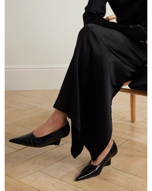 Totême Black Croc-Effect Leather Wedge Pumps