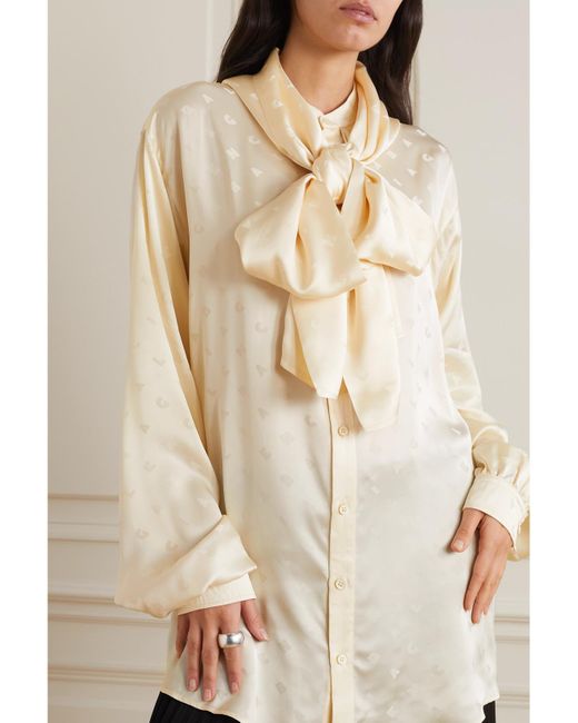 Balenciaga Natural Oversized Hooded Pussy-Bow Satin-Jacquard Blouse