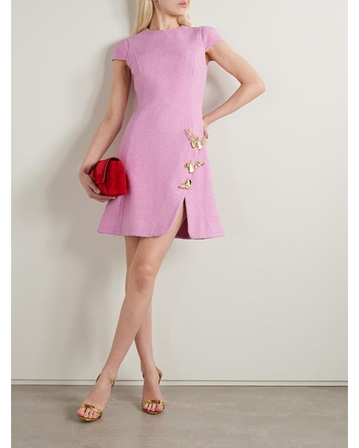 Oscar de la Renta Pink Embellished Cotton-Blend Tweed Mini Dress
