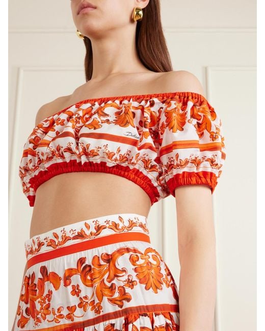 Dolce & Gabbana Red Cropped Printed Cotton-Poplin Top