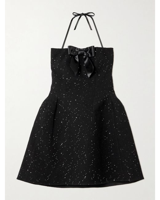 ShuShu/Tong Black Strapless Bow-Detailed Sequin-Embellished Wool-Blend Mini Dress