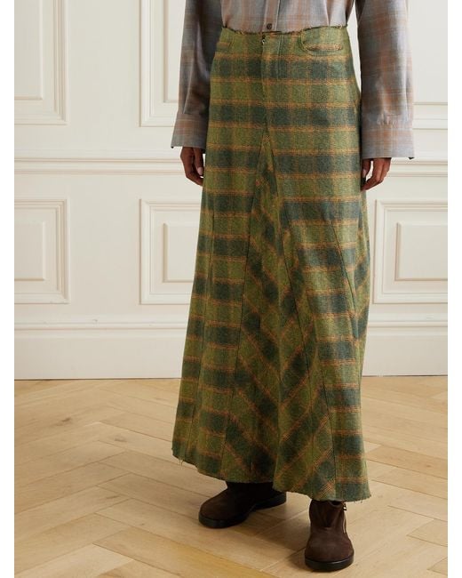 Our Legacy Green Rebel Distressed Paneled Checked Cotton-Flannel Midi Skirt
