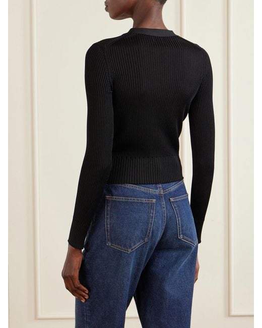 Saint Laurent Blue Ribbed Lace-Trimmed Wool, Cashmere And Silk-Blend Cardigan