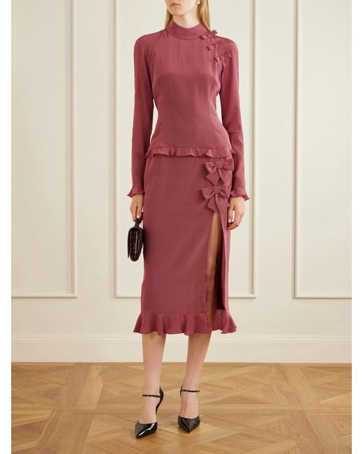Alessandra Rich Pink Bow-Detailed Polka-Dot Silk-Crepe Midi Dress