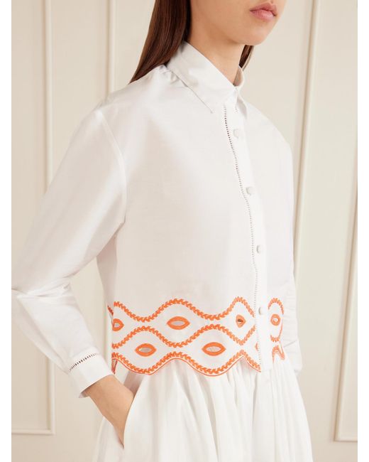 Loretta Caponi White Assia Cropped Broderie Anglaise-Trimmed Cotton-Voile Shirt