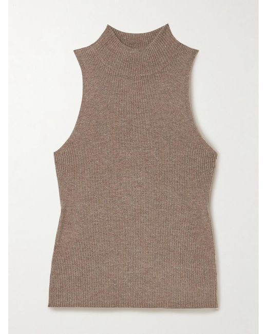 Brunello Cucinelli Brown Ärmelloser Stehkragenpullover Aus Metallic-Rippstrick