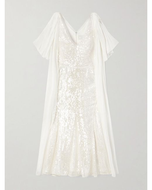 Erdem White Midikleid Aus Satin Mit Pailletten Und Chiffonbesätzen