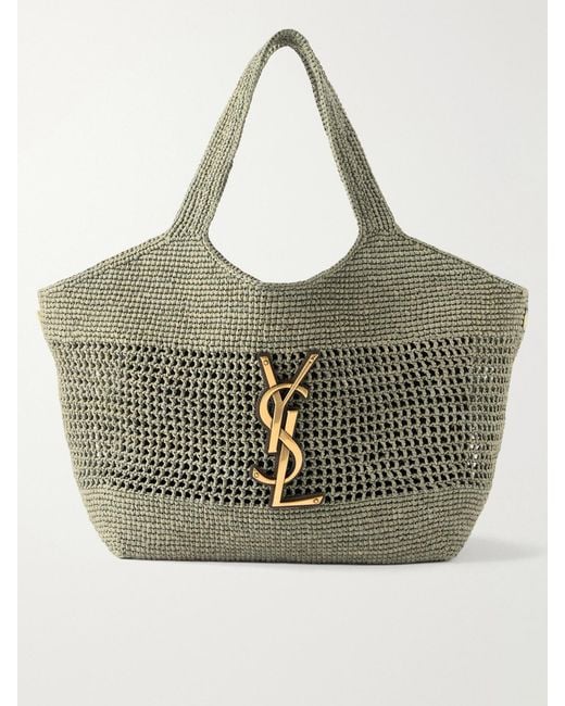 Saint Laurent Metallic Icare Maxi Leather-Trimmed Raffia Tote
