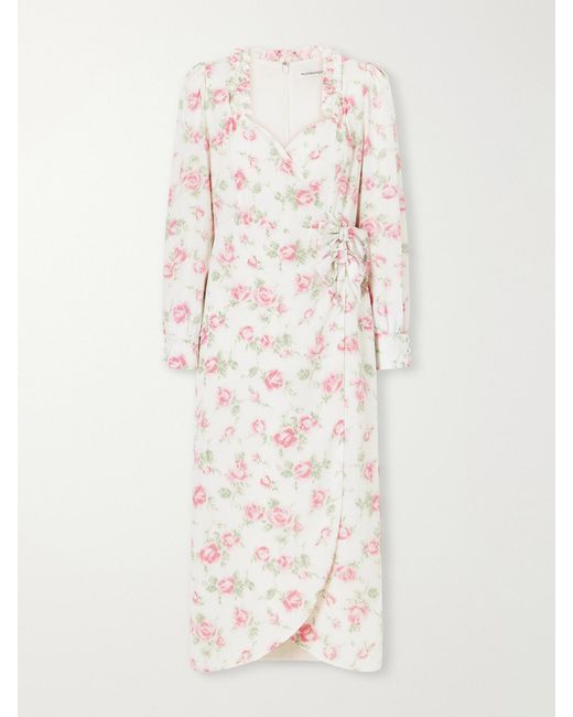 Alessandra Rich White Floral-Print Wrap Silk Midi Dress