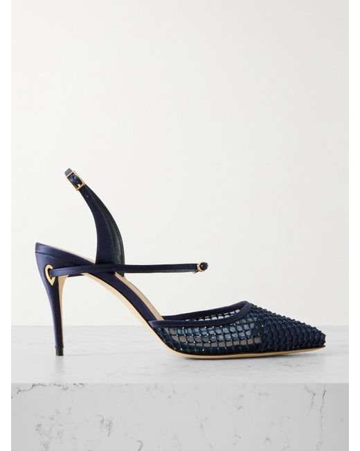 JENNIFER CHAMANDI Blue Vittorio 85 Crystal-Embellished Mesh And Satin Slingback Pumps