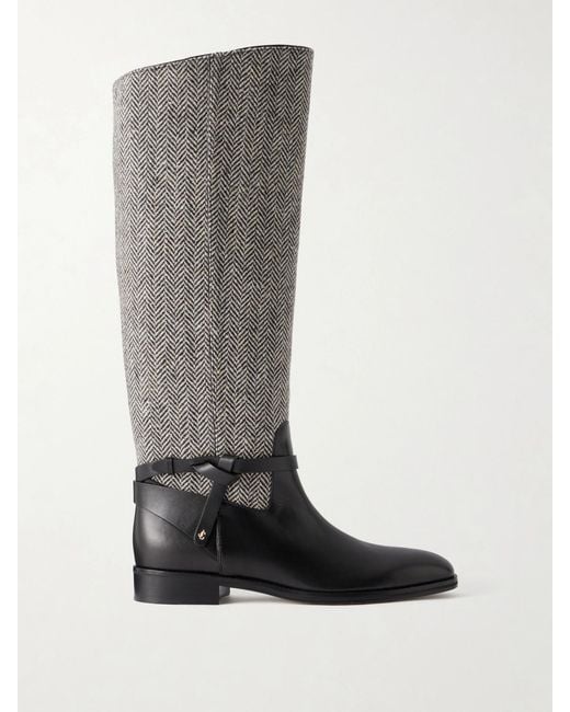 Jimmy Choo Gray Lawton Leather-Trimmed Herringbone Knee Boots