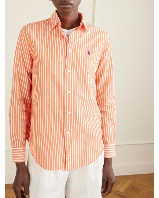 Polo Ralph Lauren Pink Embroidered Striped Cotton And Linen-Blend Shirt