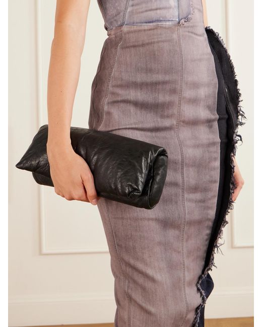 Rick Owens Black Baguette Logo-Debossed Crinkled Leather Clutch