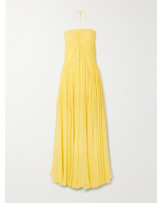Cult Gaia Yellow Ritz Gathered Silk-Chiffon Halterneck Maxi Dress