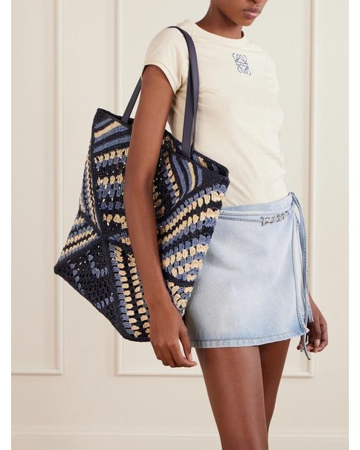 Loewe Blue Paula's Ibiza Puzzle Fold Large Leather-Trimmed Raffia Shoulder Bag