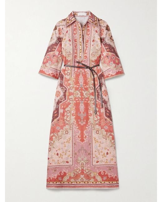 Zimmermann Pink Wylie Belted Printed Linen Midi Dress