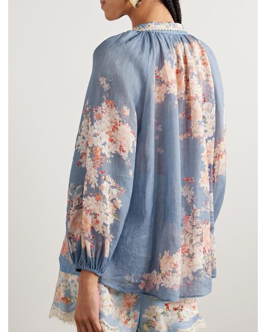 Zimmermann Blue Cascadian Lace-Trimmed Floral-Print Ramie Blouse