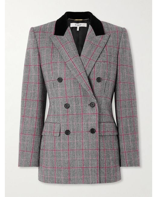 Chloé Gray Double-Breasted Velvet-Trimmed Checked Wool Blazer