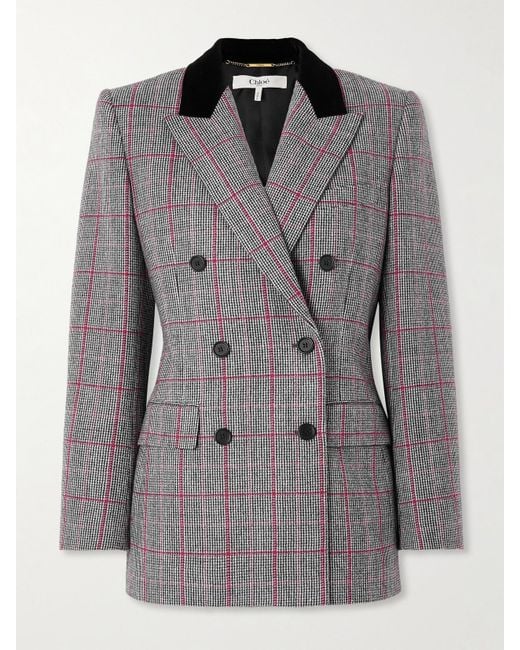 Blazer À Double Boutonnage En Laine À Carreaux Et À Finitions En Velours Chloé en coloris Gray