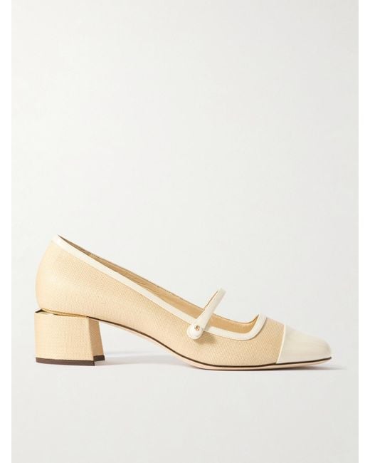 Jimmy Choo Natural Elisa 45 Embellished Patent Leather-Trimmed Raffia Mary Jane Pumps