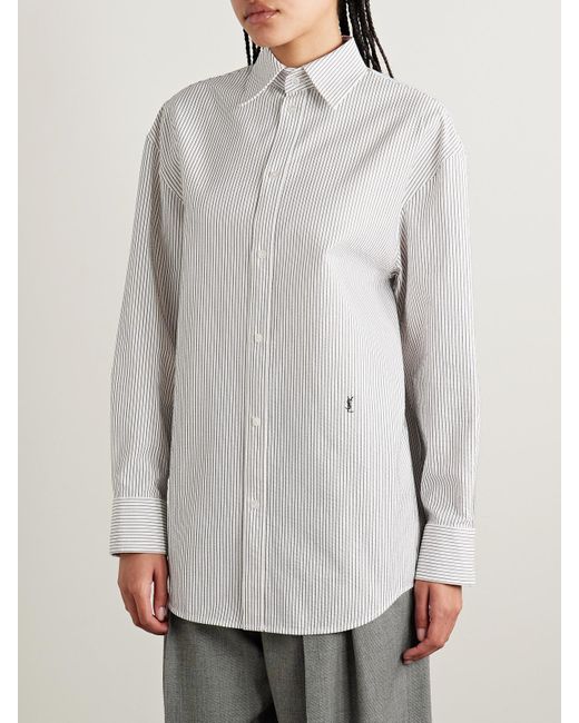 Saint Laurent White Hemd Aus Gestreifter Baumwolle Mit Stickerei