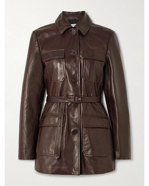 Nour Hammour Brown Ramona Belted Paneled Leather Jacket