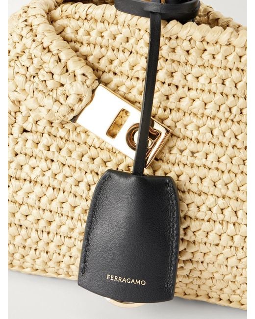 Ferragamo Metallic Hug Leather-Trimmed Raffia Mini Shoulder Bag