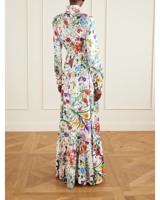 Gucci White Belted Tie-Detailed Pleated Floral-Print Silk-Twill Maxi Dress