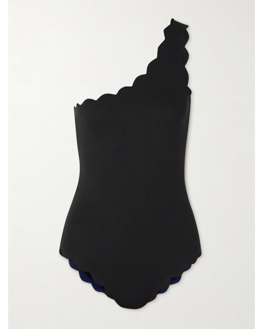 Marysia Swim Black Net Sustain Santa Barbara One-Shoulder Scalloped Stretch Recycled-Crepe Swimsuit