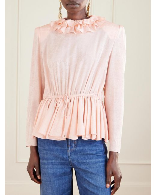 Chloé Pink Ruffled Tie-Detailed Floral Silk-Jacquard Blouse
