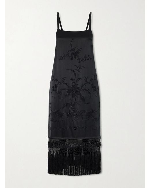 Bode Black Fringed Embroidered Silk-Satin Midi Dress