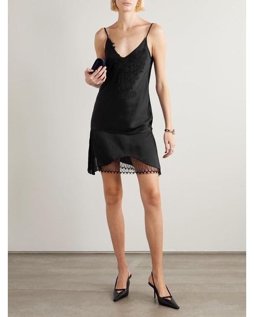 Victoria Beckham Black Pleated Lace And Chiffon-Trimmed Satin-Crepe Mini Skirt