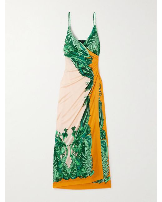Etro Green Wrap-Effect Gathered Printed Cady Maxi Dress