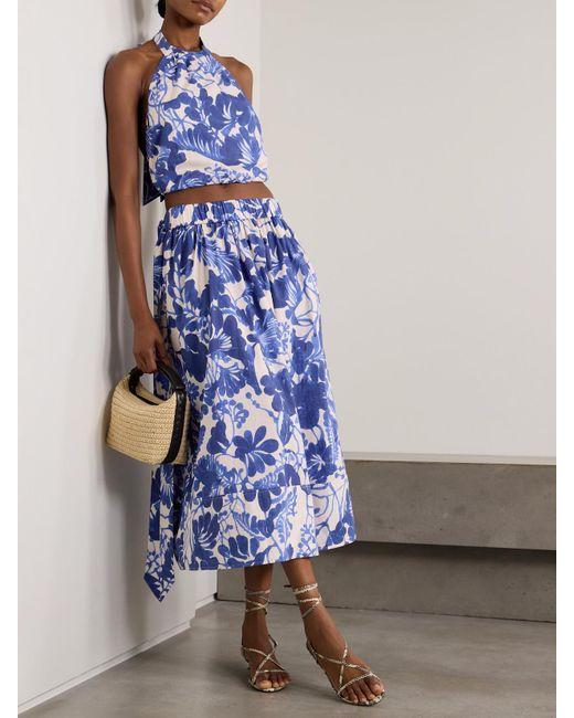 Cara Cara Blue Seattle Gathered Floral-Print Cotton-Poplin Halterneck Top