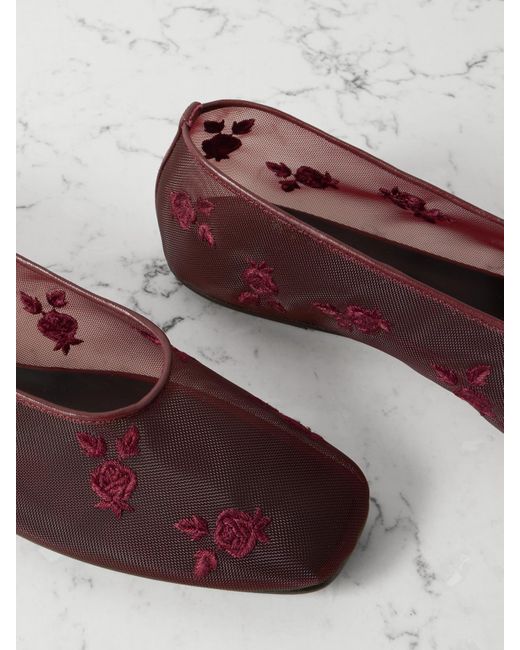 Magda Butrym Brown Leather-Trimmed Embroidered Mesh Ballet Flats