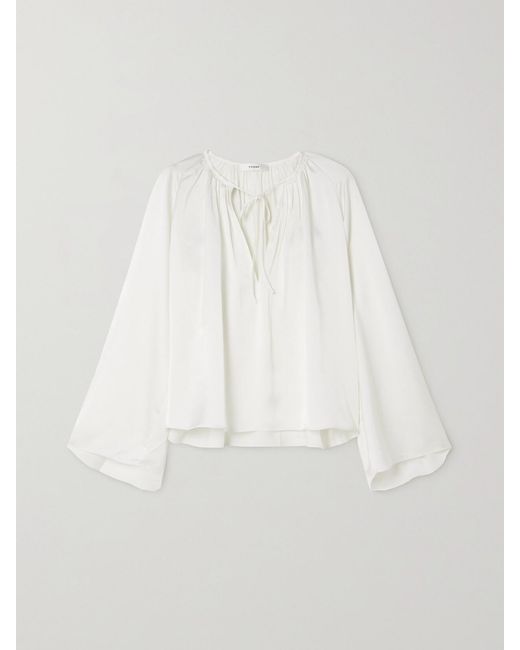 FRAME White Tie-Detailed Gathered Recycled-Satin Blouse