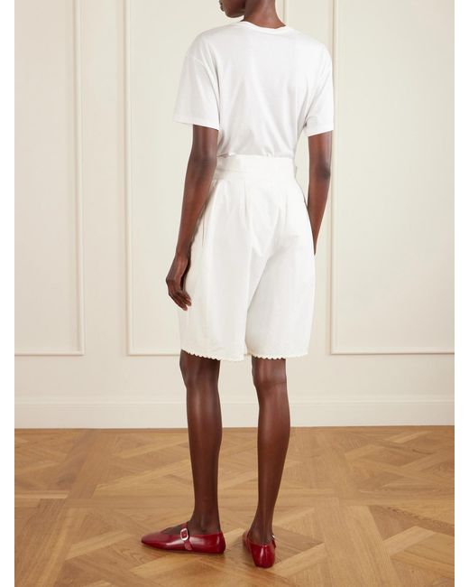 Bode White Closerie Belted Scalloped Embroidered Cotton-Poplin Shorts
