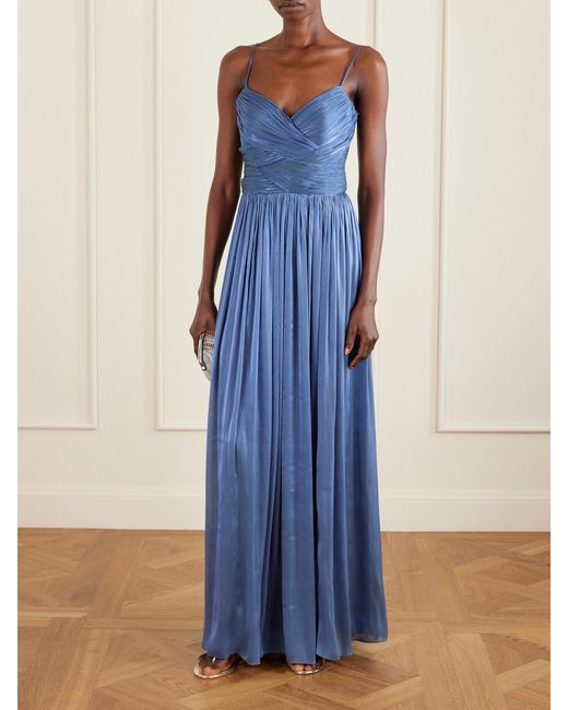 Costarellos Blue Sereen Draped Pleated Metallic Georgette Gown