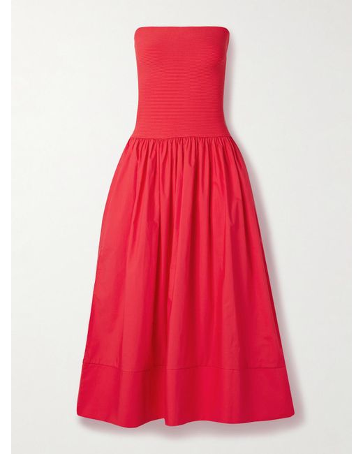 Cara Cara Glasbury Strapless Ribbed-Knit And Gathered Cotton-Poplin Midi Dress