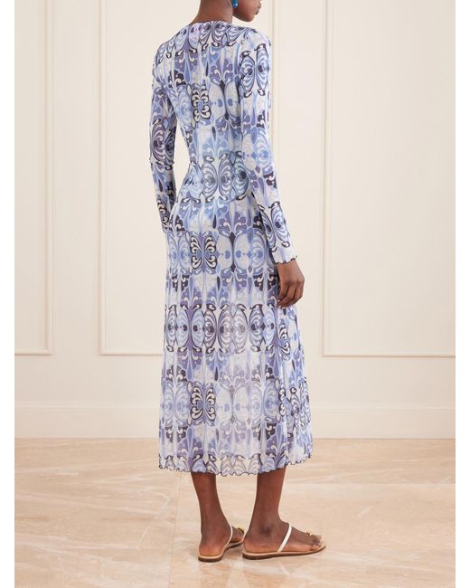 LaDoubleJ Blue Slinky Swing Printed Chiffon Midi Dress