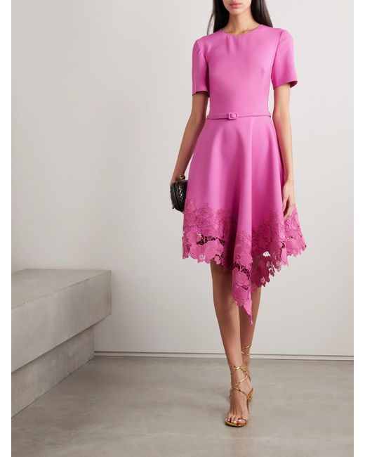 Oscar de la Renta Pink Kleid Aus Einer Wollmischung Mit Asymmetrischem Guipure-Spitzenbesatz Und Gürtel