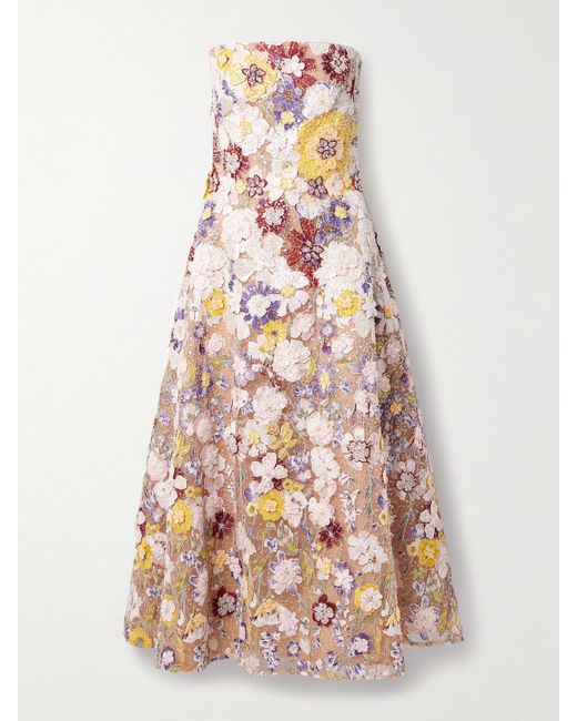 Costarellos White Jassa Strapless Embellished Appliquéd Tulle Midi Dress
